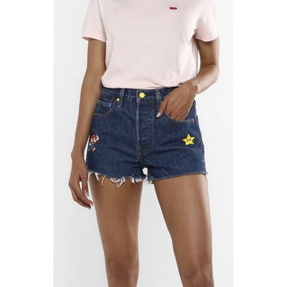 Levi's 501 Shorts Womens Blue Super Mario Denim Cut Off High Rise Button Fly W26